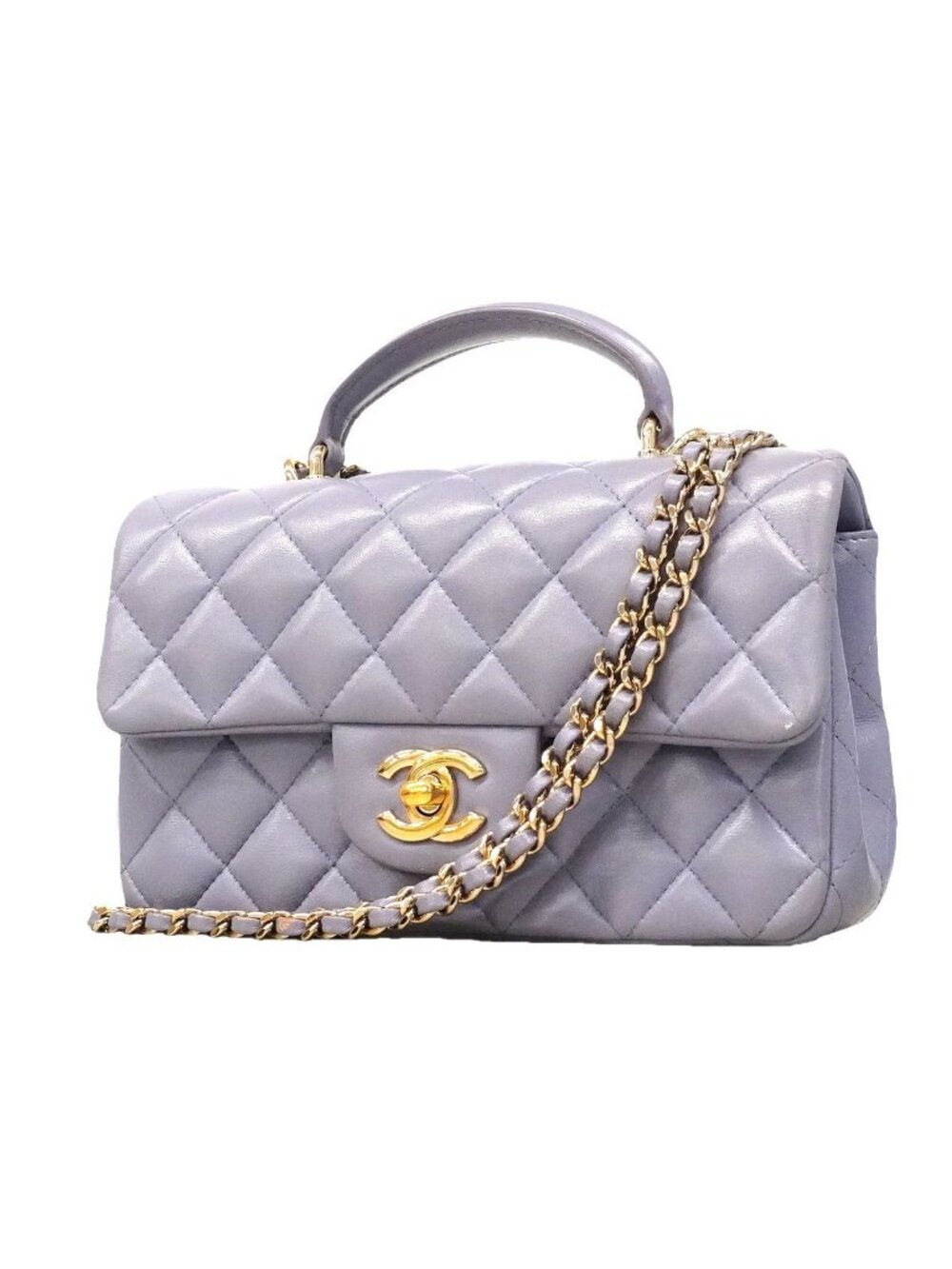 Chanel Shoulder Bag Quilted Top Handle Lambskin Purple Champagne Gold 2-Way Back